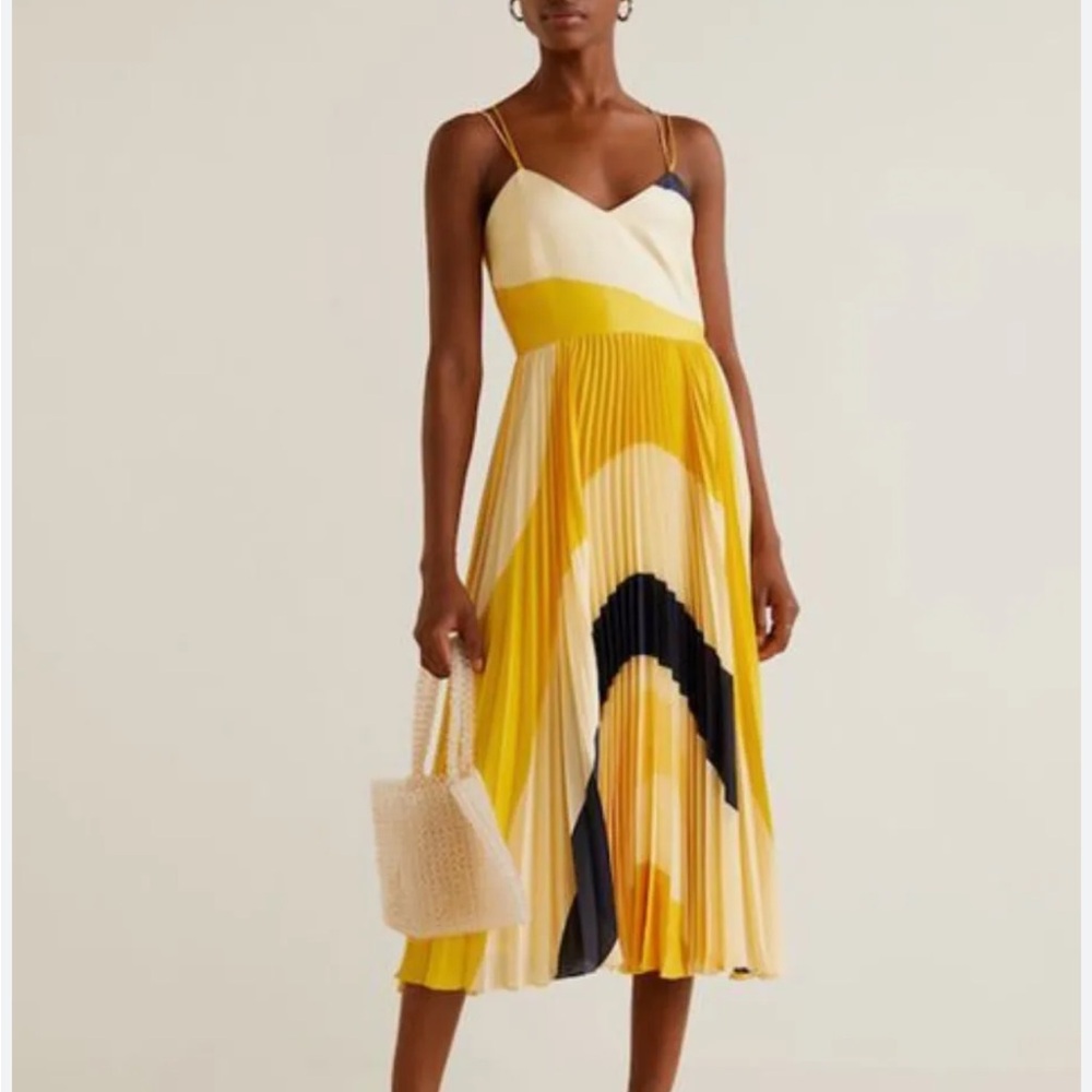 Mango Yellow and navy pleated Midi Dress
